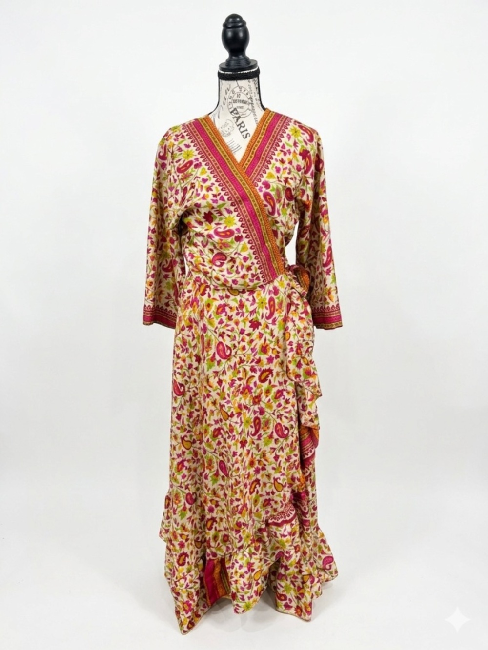 Vintage Boho Paisley Silk Wrap Maxi Dress Ruffle Floral Made in India OS Modern